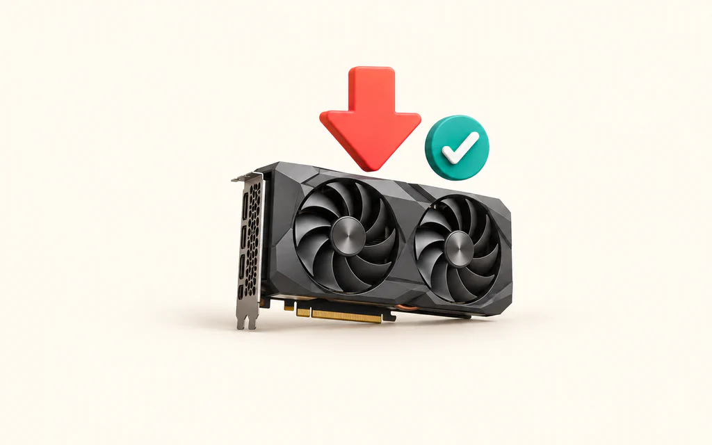 Concept illustration of an unbranded graphics card with a download arrow and a verification check.