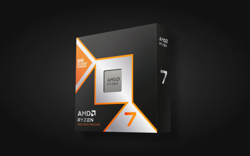 AMD Ryzen 7 9800X3D retail box on a dark product background.