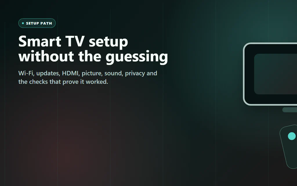 Smart TV setup guide cover with a TV, remote and practical setup checklist style.